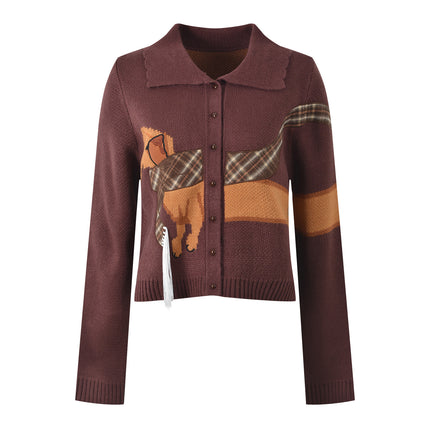 2025 New Autum Fashion Versatile and Fun Dog Embroidered Lapel Long-Sleeved Loose Knitted Cardigan Top