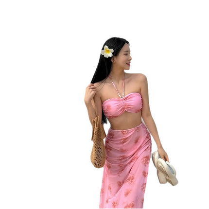 New Style Color Smudged Bikini Three-Piece Conservative Long Skirt Sexy Slimming Belly-Covering Hot Spring Split Swimsuit for Women