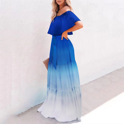 2025 Export New Wish New Printed Long Skirt Dress Amazon Ebay One-Line Collar Cross-Border European and American Dress