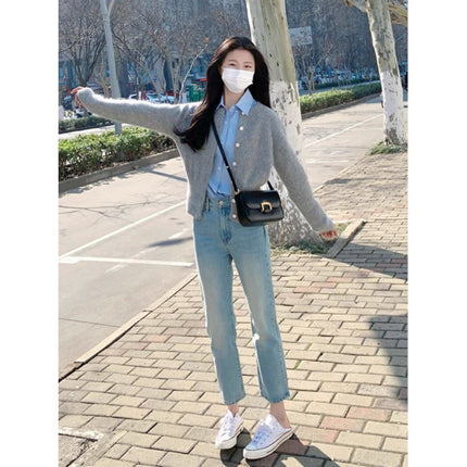 Autumn 2023 Korean women's clothing can be worn with salt and sweet for small people fashion casual knitted cardigan two-piece suit