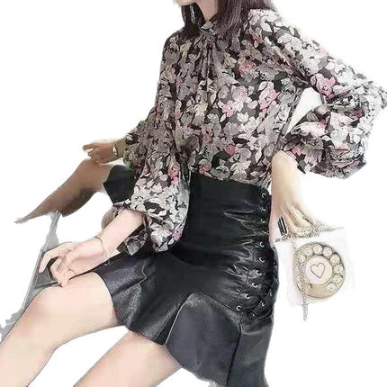Spring New Fashion Floral Silk Shirt Women's Design Sense Niche Chiffon Lantern Sleeve Shirt Lace Shirt, Snow
