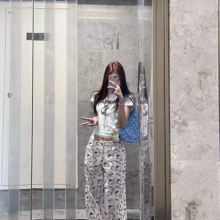 Cartoon Cute Kitty Cat Graffiti Print Jeans Women's Spring and Summer 2025 New High Waist Wide Leg Pants