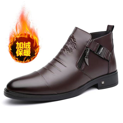 Men's Shoes Zipper Pointed Leather Shoes Autumn and Winter New 2025 Soft Sole Men's Business Casual Low-Top Men's Cotton Shoes Three Joints