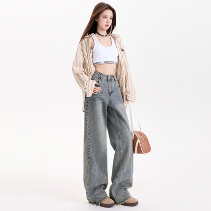 American Style Vintage Old-fashioned High Waist Fur Edge Wide Leg Pants Women's Spring New Straight Loose Slimming All-match Jeans for Women