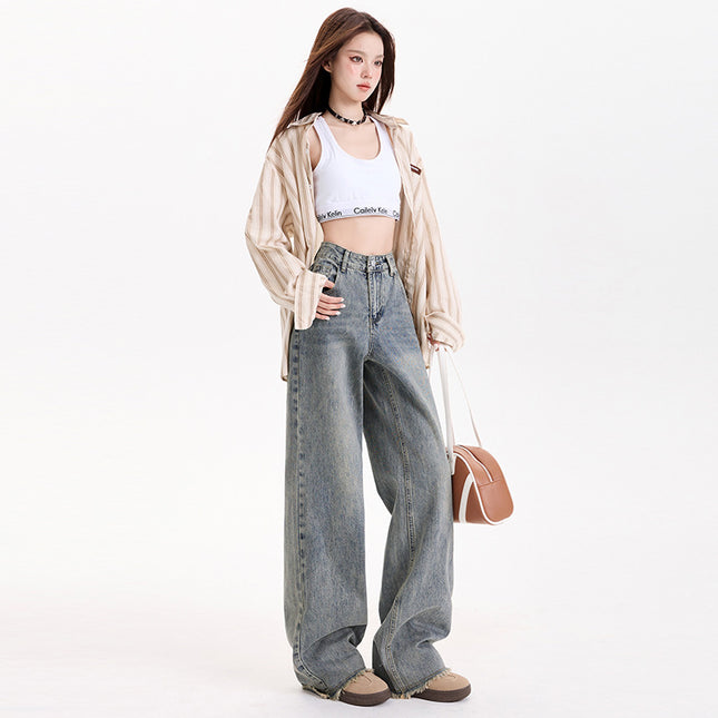 American Style Vintage Old-fashioned High Waist Fur Edge Wide Leg Pants Women's Spring New Straight Loose Slimming All-match Jeans for Women