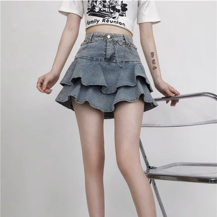 High Waist Fashionable Hot Girl Ruffled Denim Cake Skirt Short Skirt Women's Summer Design Sense Niche A- line Pants Skirt