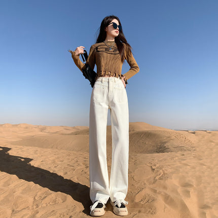 Stitching White Wide Leg Jeans Women's High Waist 2024 Autumn and Winter New Straight Loose Slim Long Pants