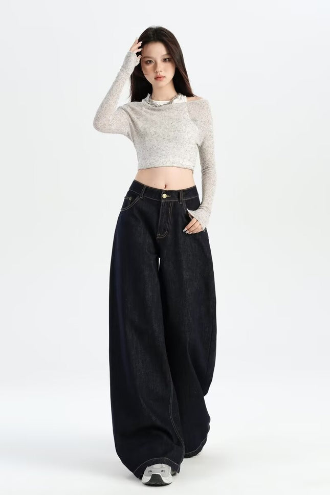 Trendy American-Style Loose Wide-Leg Jeans for Women, Summer Thin Drape Slimming Casual Lazy Floor-Length Pants