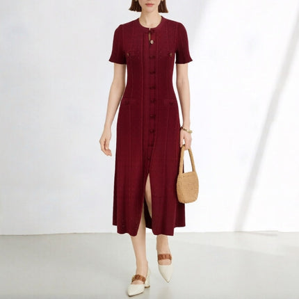 Cross-Border S Brand French Style New High-End Chanel-Inspired Hollow Lace Sleeve Slim-Fit Split Knit Dress