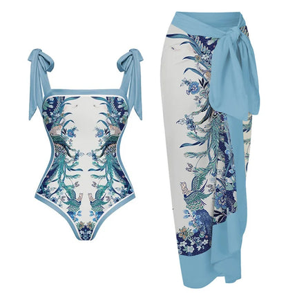 2024 European and American New Style one-piece Swimsuit Lace-up Small Fresh Floral one-piece Swimsuit and Umbrella Skirt Set 2389