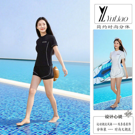 Sports Style 2025 Split Solid Color Suit Swimsuit Women's Short-Sleeved Quick-Drying High-End Slimming Look Hot Spring Vacation Swimsuit
