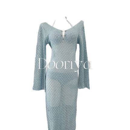 Source manufacturers blue beautiful hot spring seaside vacation swimsuit new bikini swimsuit women's knitted long sleeve blouse