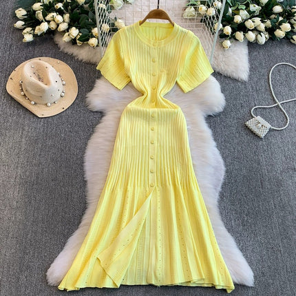 S Brand 2026 Spring/Summer New French-Style Short-Sleeve Knit Dress with Waist-Cinching Slit and A-Line Long Skirt on Aliexpress
