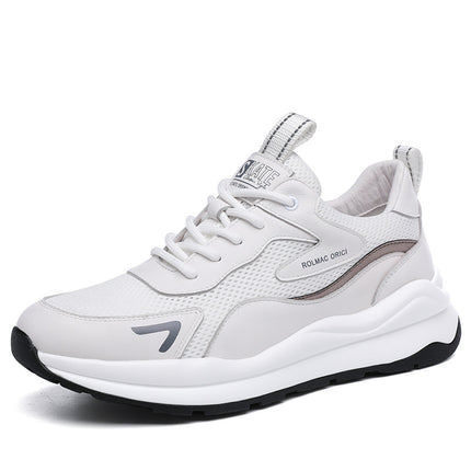 Genuine Leather Sports Shoes for Men, Summer Mesh Breathable White Sneakers, Versatile Thick-Soled Dad Shoes 1663 with Breathable Mesh