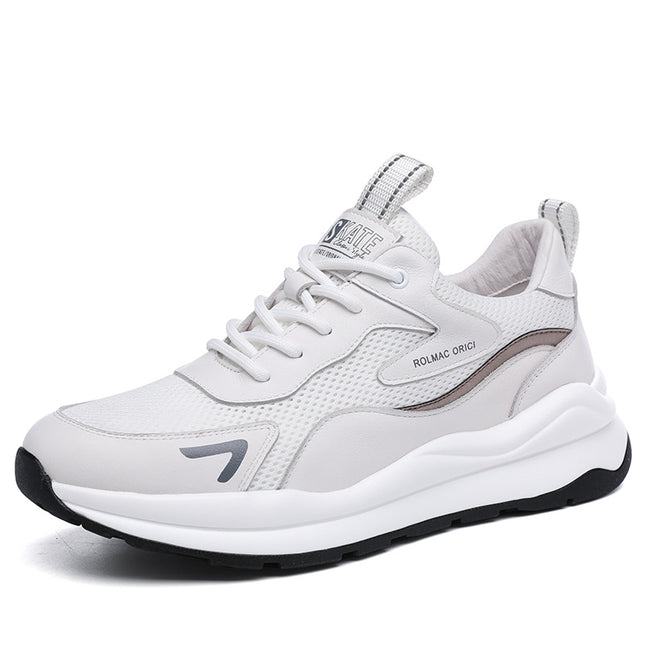 Genuine Leather Sports Shoes for Men, Summer Mesh Breathable White Sneakers, Versatile Thick-Soled Dad Shoes 1663 with Breathable Mesh