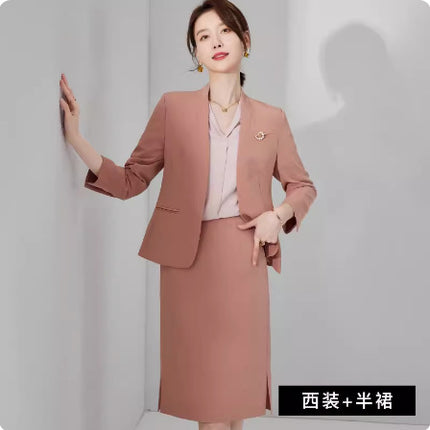 Spring and Autumn New Pink Elegant Goddess Fan Professional Suit Fashion Collarless Broadcasting Host Dress Dress