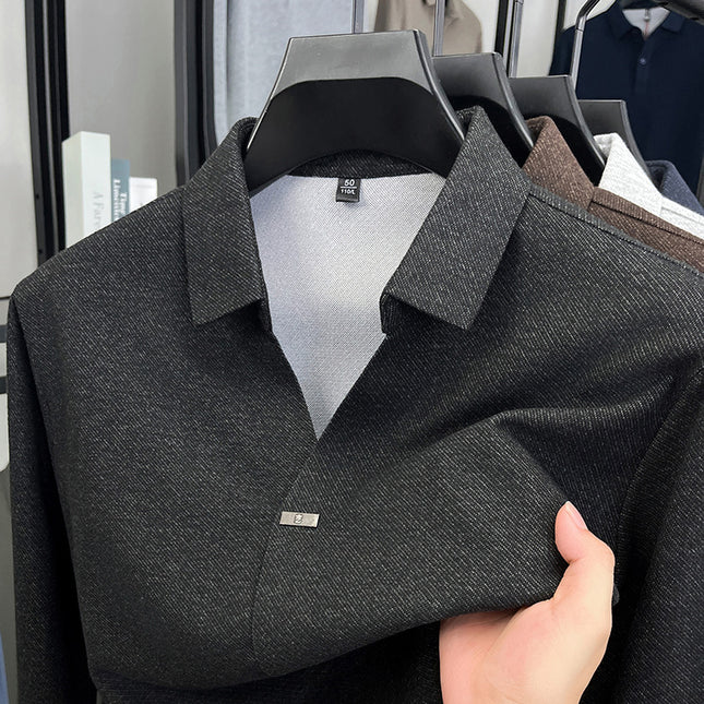 Scissor Collar Polo Shirt Autum New Men's Business Casual Men's High-End Pure Color Long-Sleeved T-Shirt Tops for Men