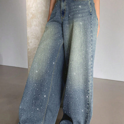 Cross-border foreign trade Amazon European and American water-washed blue wide-leg ultra-long floor-length jeans women's ripped loose casual pants