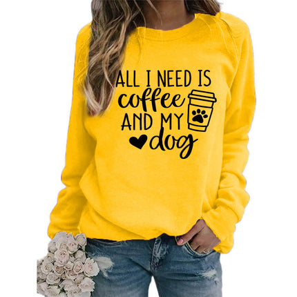 Foreign trade supply all I need is coffee printed crew neck top sweater European size ladies coat long sleeve