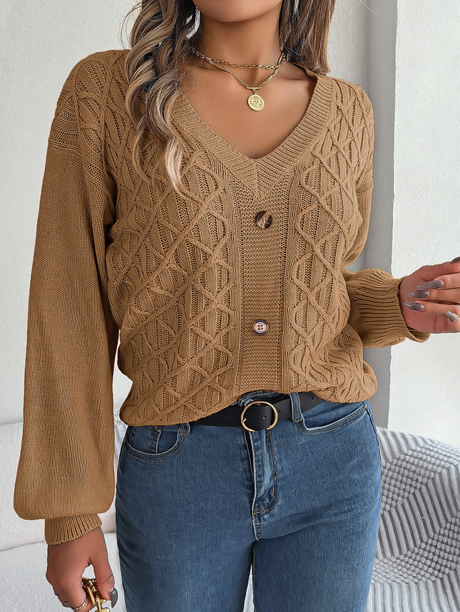 Clearance Sale: Instagram-Style Real-Shot Autumn and Winter Casual Buttoned Cable-Knit Lantern Sleeve Pullover Sweater, Independent Cross-Border Women's Fashion