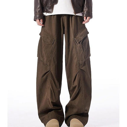 [Washed cotton button row door wrapping] American retro brown wide leg overalls design loose casual straight