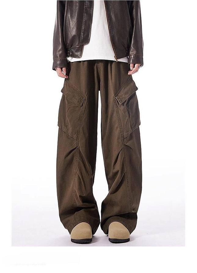 [Washed cotton button row door wrapping] American retro brown wide leg overalls design loose casual straight