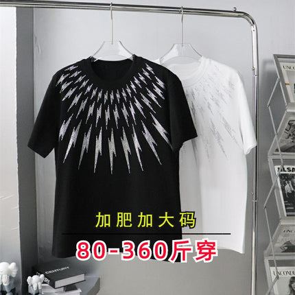 23 Large Edition Heavy-Duty Rhinestone Front and Back Lightning Design Unisex Loose Short-Sleeve T-Shirt Plus Size for Big and Tall Versatile Pure Cotton