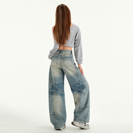 2025 New American Retro Style Women's Distressed Patchwork Design Floor-Length Jeans with Extended Length
