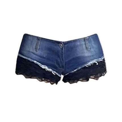 321 Hot Girl Style European and American Hot Girl Lace Splicing Low Waist Denim Shorts Women's Summer Slimming Hip Hot Pants