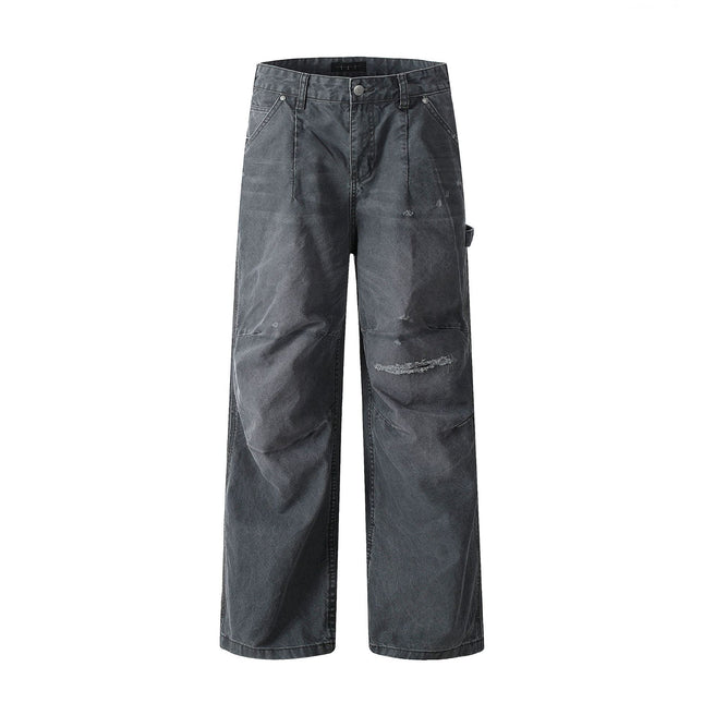 11Kn American Retro Straight Cargo Pants for Men and Women, Slimming Look, Knife-Cut, Frayed, Distressed, Pure Cotton, Trendy Logging Casual Pants