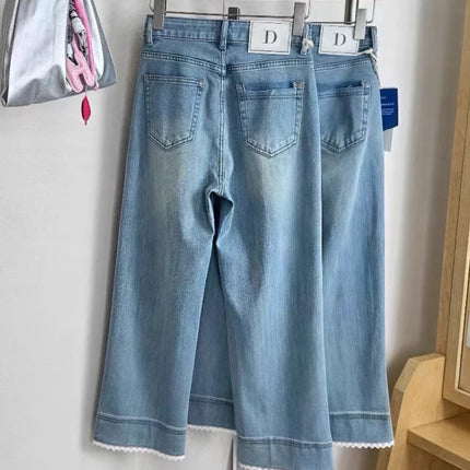 Light Blue Lace Splicing Jeans for Women Summer New Large Size Fat mm Pear-Shaped Figure High Waist Slim Straight Pants