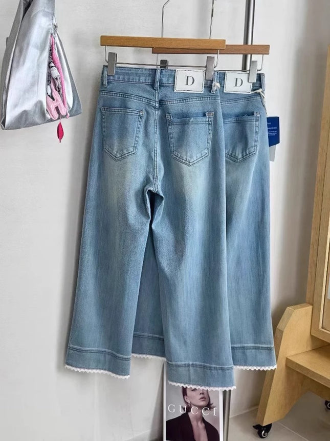 Light Blue Lace Splicing Jeans for Women Summer New Large Size Fat mm Pear-Shaped Figure High Waist Slim Straight Pants