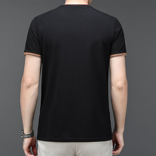 Famous Mouse Men's Summer New Men's Cotton T-Shirt Round Neck Striped Business Loose Short-Sleeved T-Shirt Top Men