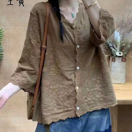 Unique Solid Color Casual Versatile Women's Shirt with Floral Embroidery, Single-Breasted Top, Thin Summer Artistic Blouse