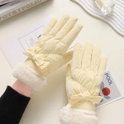 Down Cotton Gloves Women's Winter Bow Fingers Plus Fleece Windproof Cold-proof Skiing Five-finger Warm Touch Screen Cycling