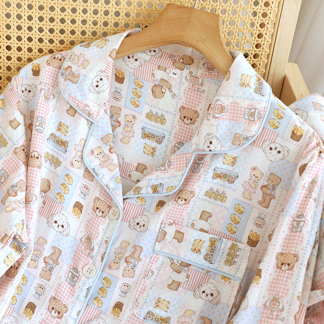 New Bear Brushed Long-Sleeved Trousers Pajamas Set for Women All Seasons Cartoon Loose Breathable Can Be Worn Outside Home Clothes