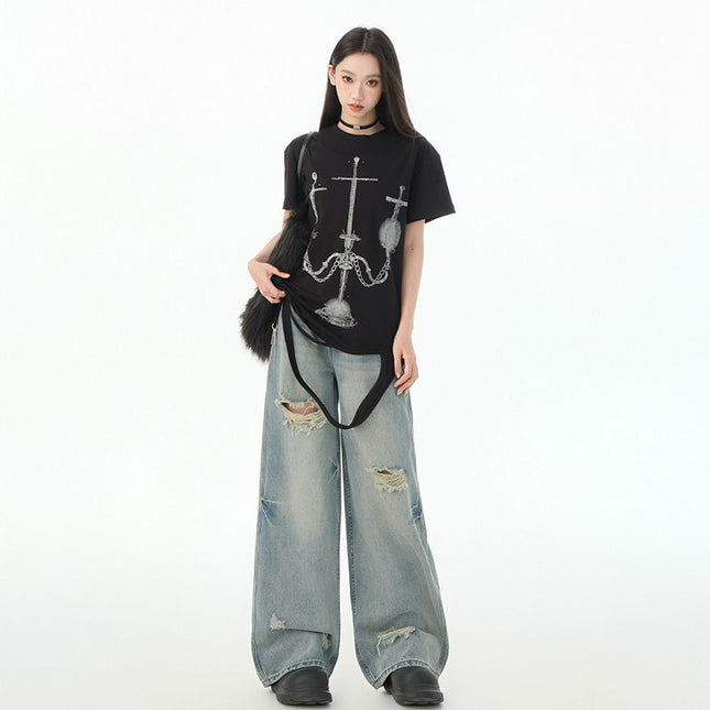 2025 Spring and Summer New American Retro Loose Wide Leg Pants Trendy Cool Straight-Leg Ripped Jeans Women's Jeans