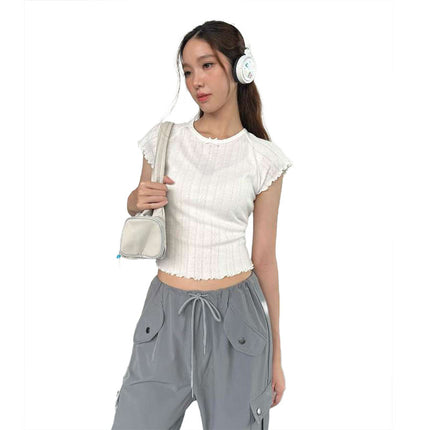 Ins European and American Style 2025 Spring and Summer Women's New Products Sweet Girly Style Pure Color Personalized Round Neck Slim Short-Sleeved T-Shirt for Women