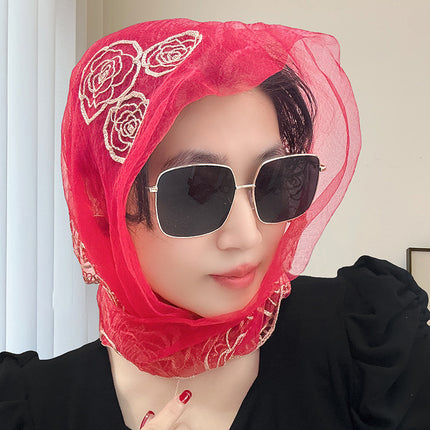Spring and Summer Transparent Yarn Magnetic Buckle Turban Thin Embroidered Silk Scarf Women's Gift Scarf Mother Air Conditioning Shawl New Style