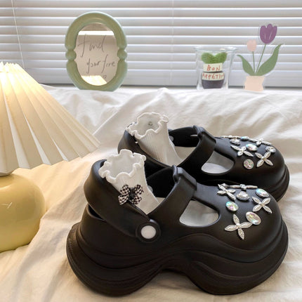 High-value All-match Casual Super-fire Rhinestone Women's Summer Hole Shoes Increased Soft Sole Non-slip Wear-resistant Baotou Deodorant