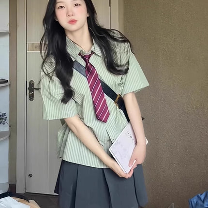 Korean style college style ootd wear women's summer small fresh green striped short sleeve shirt sweet JK pleated skirt