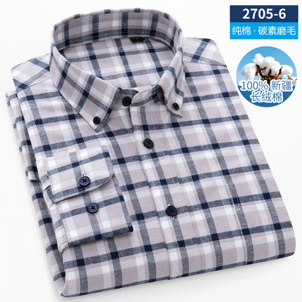Men's Long-Sleeved Pure Cotton Brushed Plaid Casual Shirts Trendy Fashion Casual Shirts Wholesale