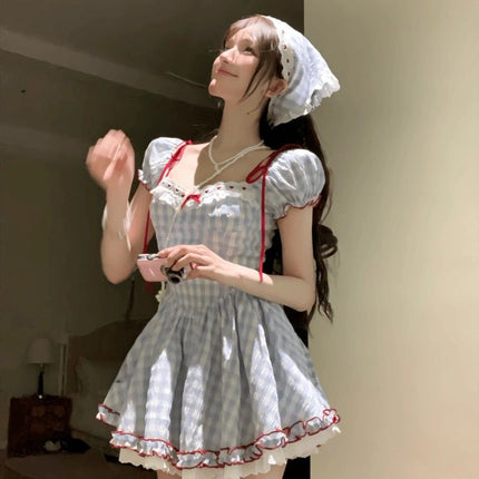 Grimm's Fairy Tale Pastoral Short Skirt Summer Waist Slimming Pure Desire Sweet Monet Garden Style French Square Neck Dress