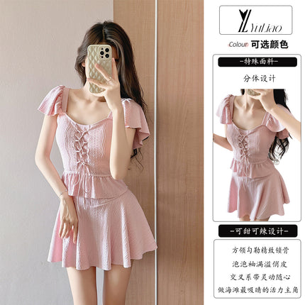 Women's Swimsuit 2025 New Pure Desire High Waist Slim Solid Color Separates Skirt Swimsuit Hot Spring Beach Swimsuit Wholesale