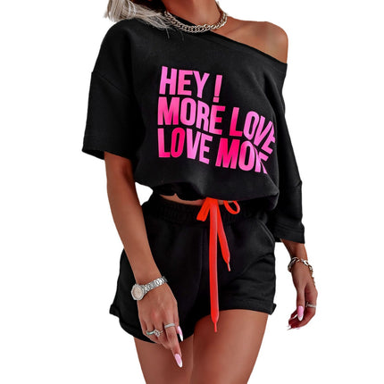 2026 Cross-Border Amazon European and American Spring and Summer Fashion Sports Two-Piece Set Short-Sleeved Letter-Printed Top and Shorts Set