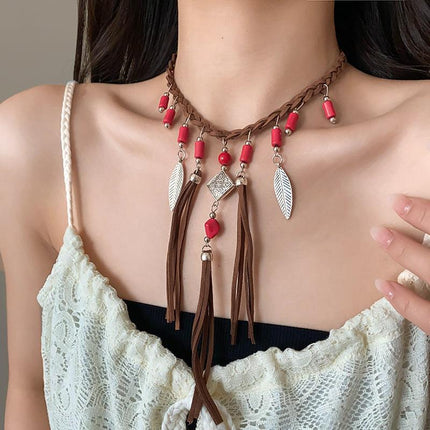 European and American Bohemian Retro Ethnic Style Clavicle Chain Turquoise Feather Tassel Winding Arm Chain Hand-woven Accessories