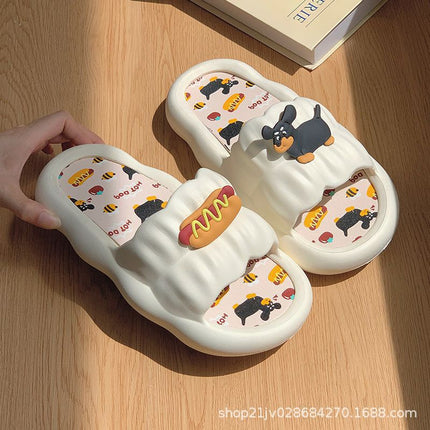 Women's Summer Slippers with Poop Feeling, Cartoon Hot Dog, Internet Celebrity Couple, Soft Bottom, Home Non-Slip Indoor Sandals, Holiday Slippers