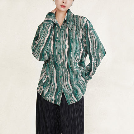 French Retro Green Long-sleeved Shirt Women's 2025 Pleated New Design Sense Shirt Niche No-bump Top