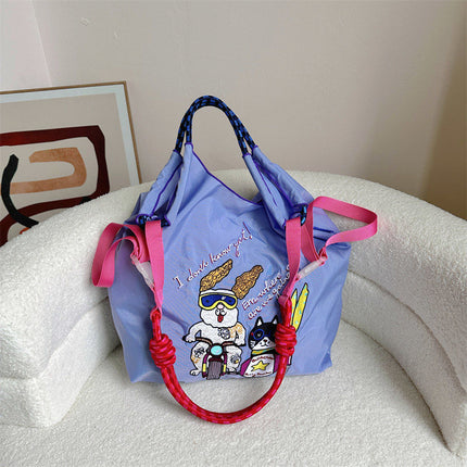 High-Quality Japanese-Style Ball Chain Eco-Friendly Shopping Bag Nylon Fabric Embroidered Floral Tote Nylon Canvas Bag