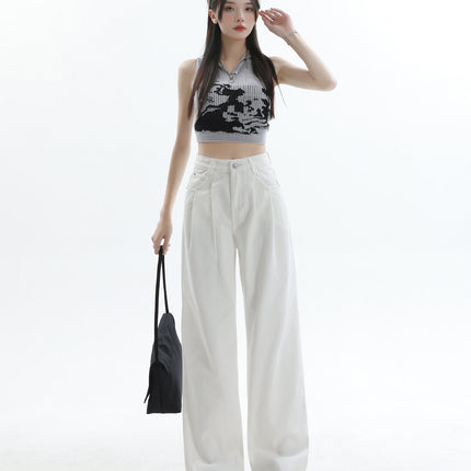 Spring 2025 New White Pleated Design Wide-leg Jeans Women's Loose Slimming All-match Simple Drape Straight